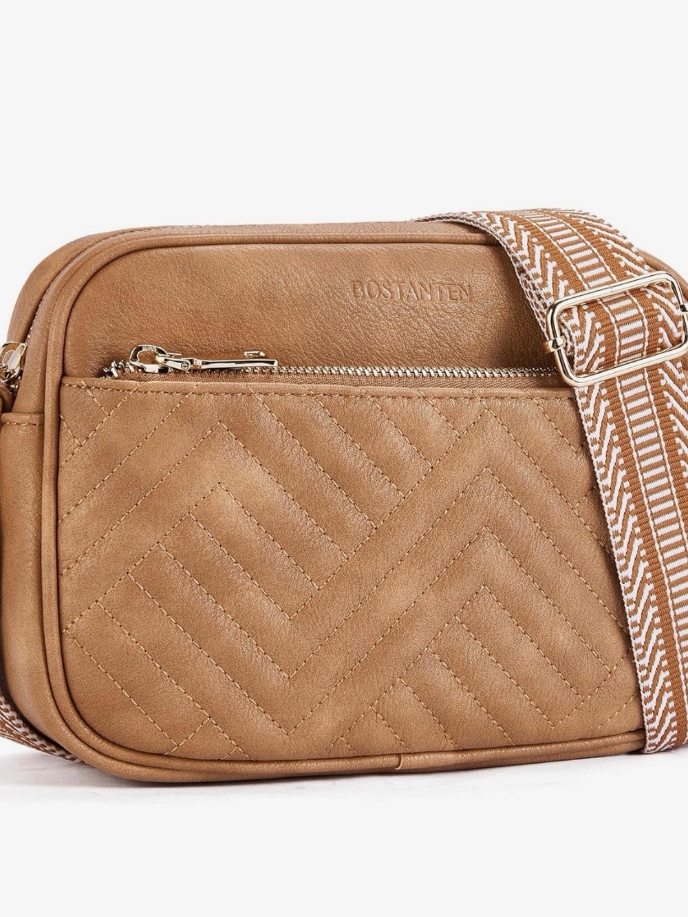 BOSTANTEN Tan Quilted Crossbody with Patterned Strap